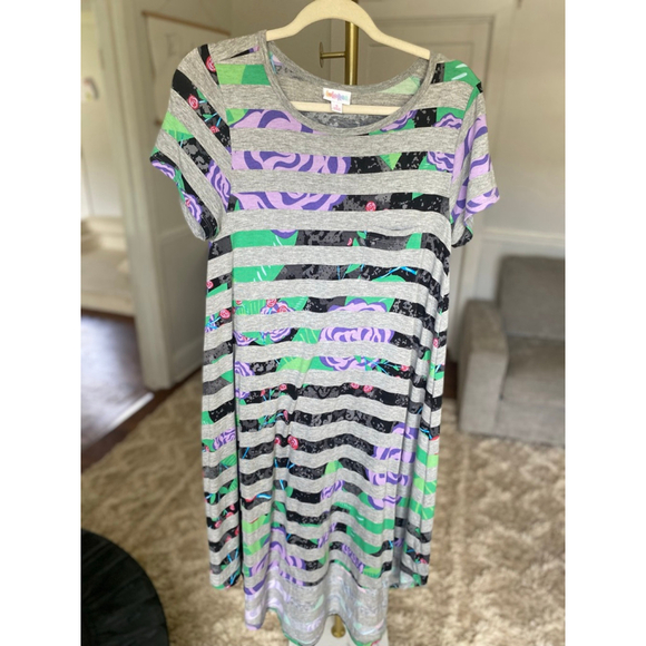 LuLaRoe Stripe Floral Midi Dress Gray Short Sleeve Stretch Lounge Bold Boho Art - Picture 2 of 6